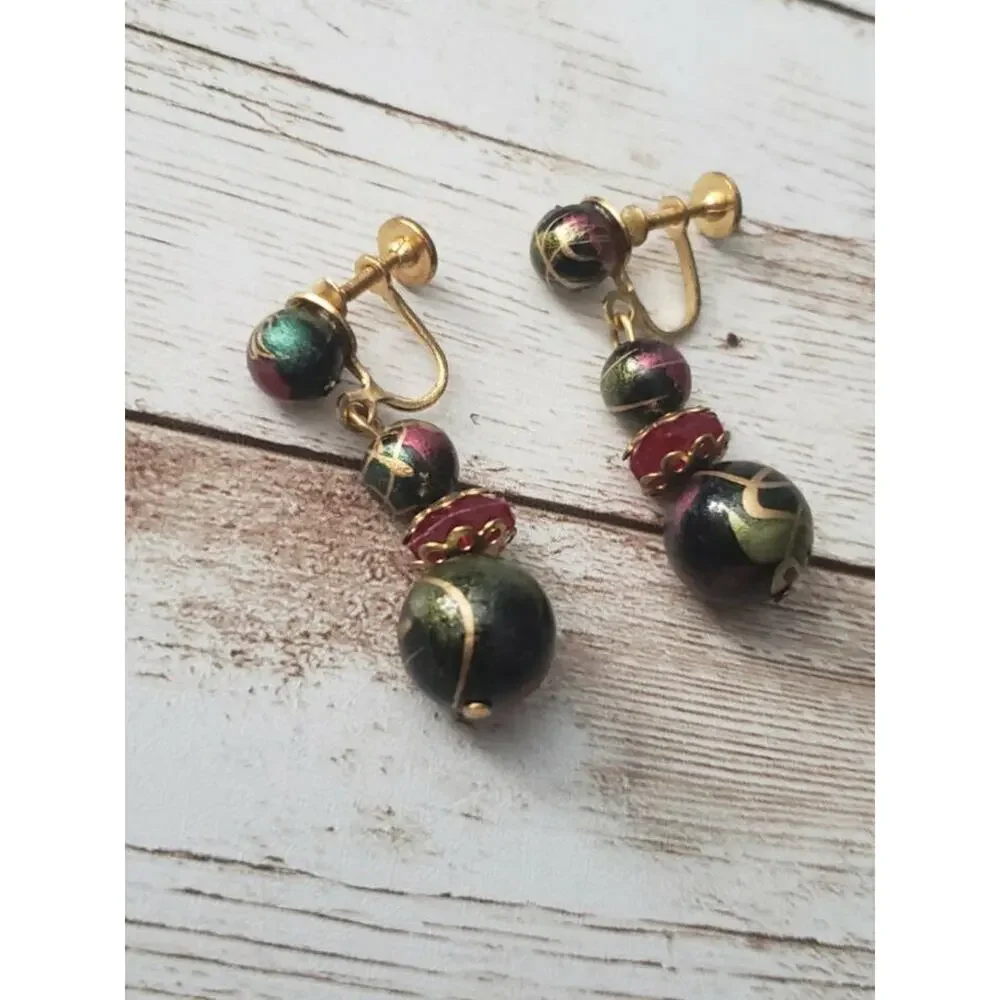 Vintage Screw Back Earrings Dangle Gold Tone, Green, Black, Red Statement